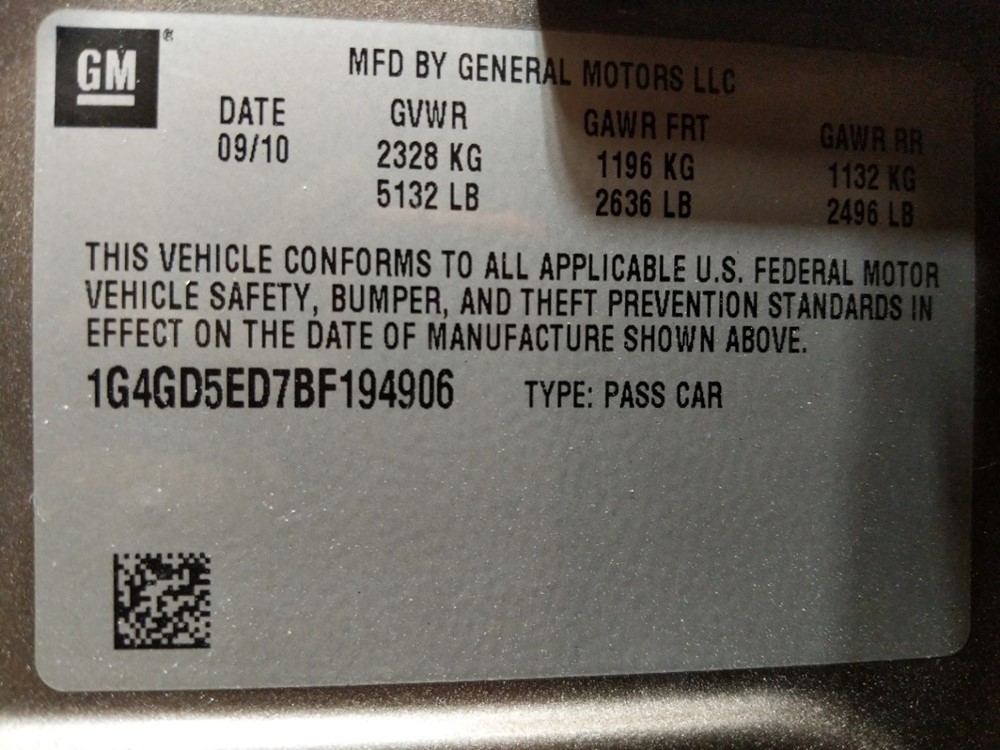 2011 Buick LaCrosse - VIN Plate
