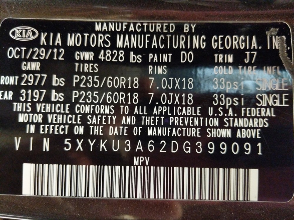 2013 Kia Sorento - VIN Plate