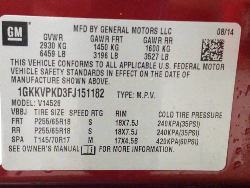 2015 GMC Acadia - VIN Plate