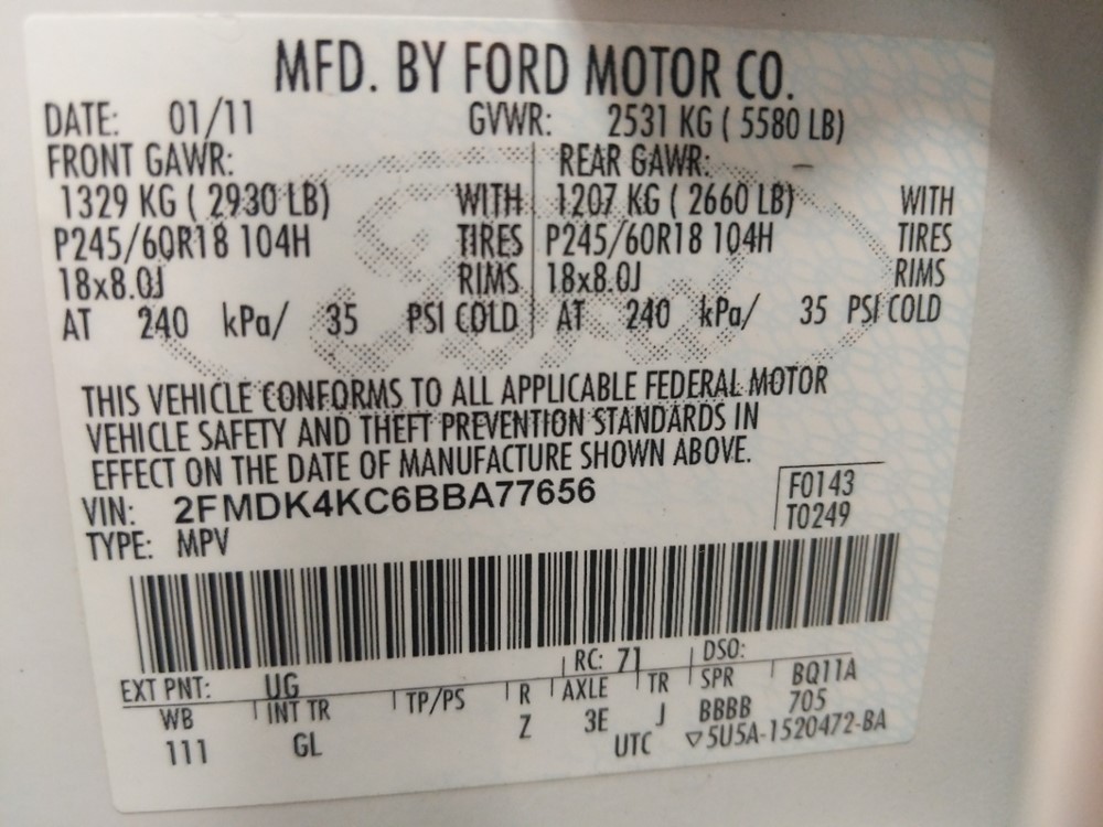 2011 Ford Edge - VIN Plate