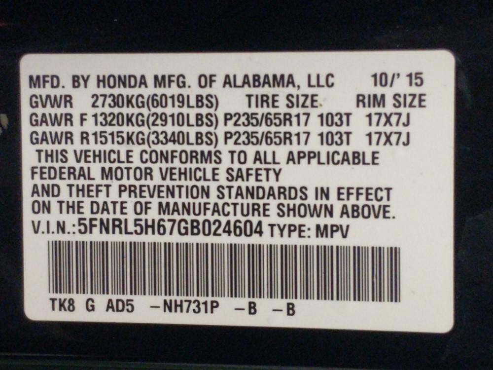 2016 Honda Odyssey - VIN Plate