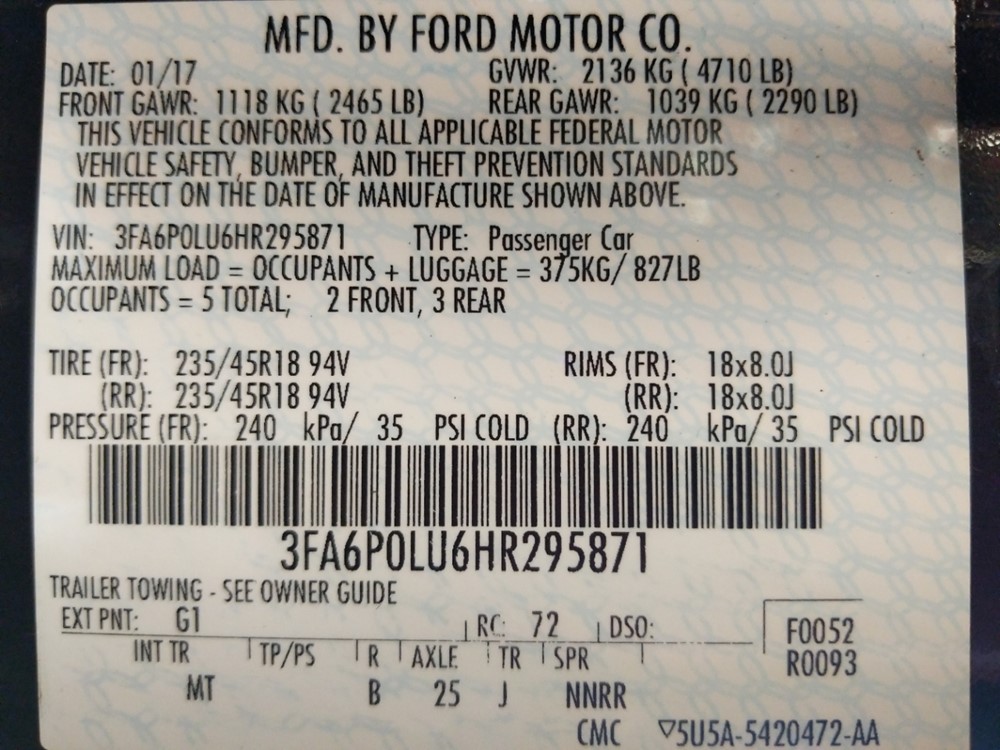 2017 Ford Fusion - VIN Plate
