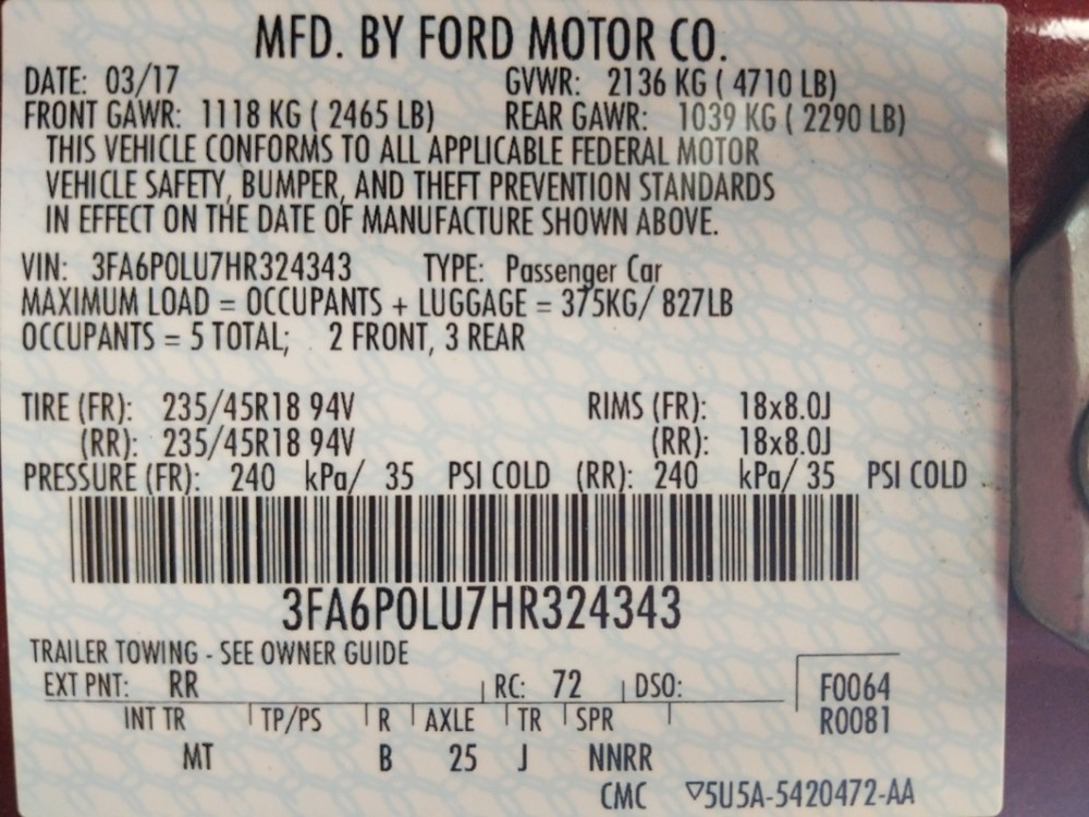 2017 Ford Fusion - VIN Plate