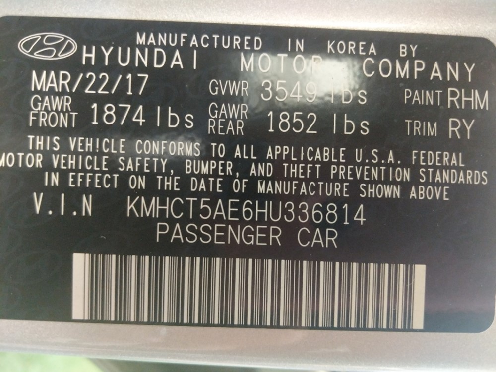 2017 Hyundai Accent - VIN Plate