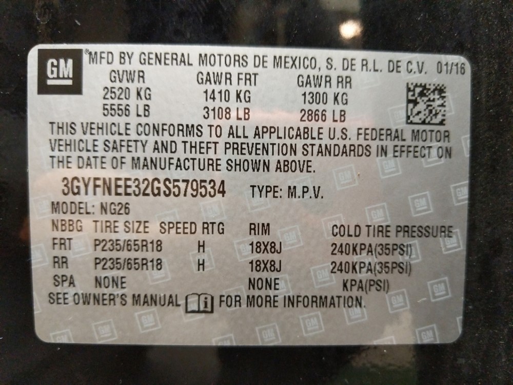2016 Cadillac SRX - VIN Plate