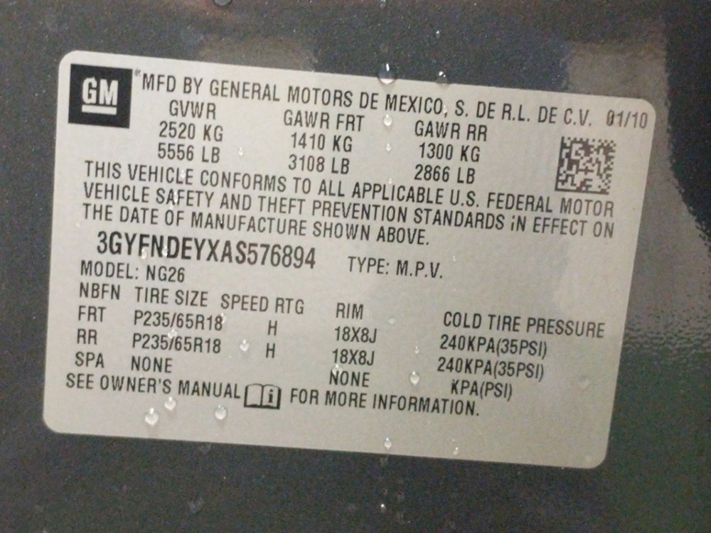 2010 Cadillac SRX - VIN Plate