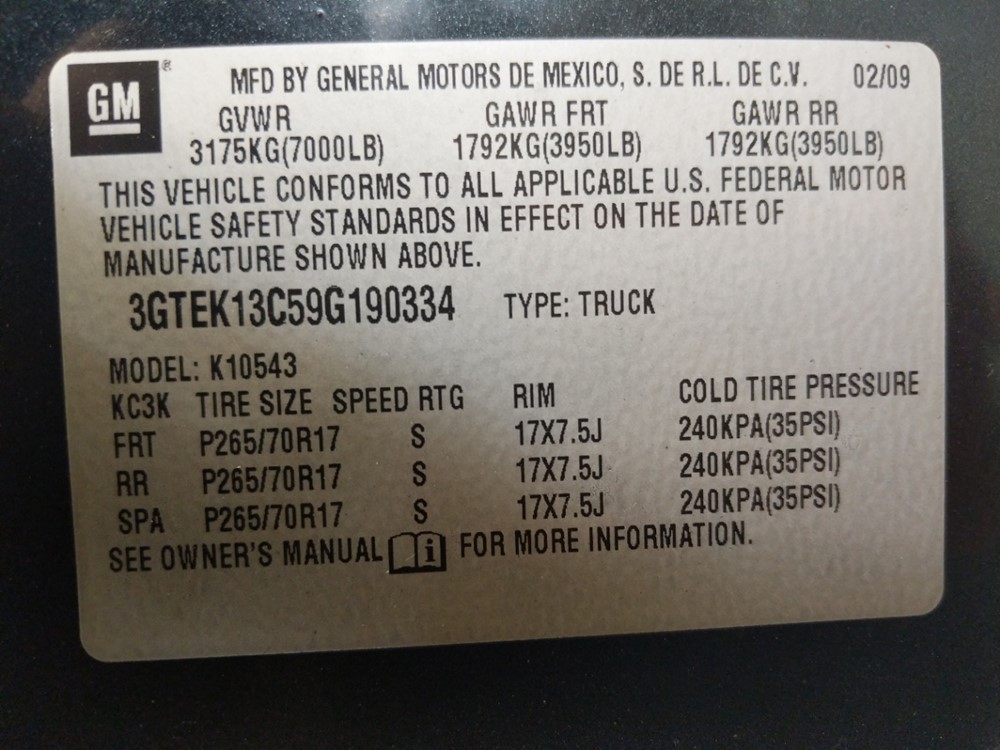 2009 GMC Sierra 1500 - VIN Plate