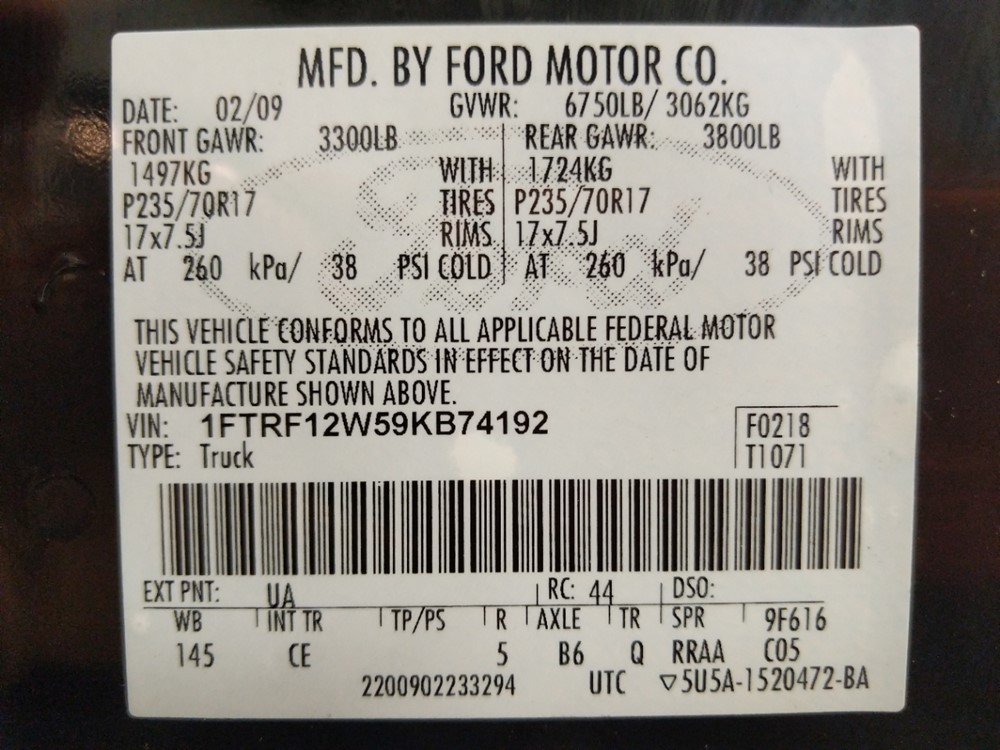 2009 Ford F-150 - VIN Plate
