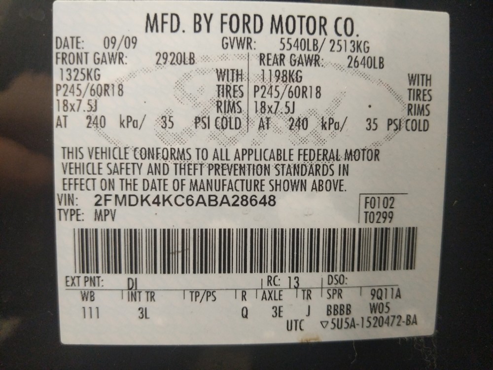 2010 Ford Edge - VIN Plate