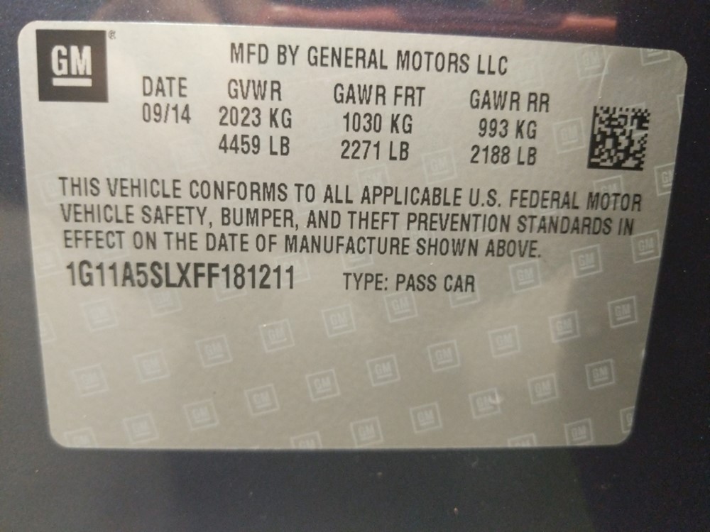 2015 Chevrolet Malibu - VIN Plate