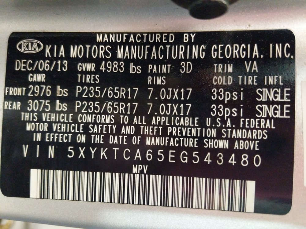 2014 Kia Sorento - VIN Plate