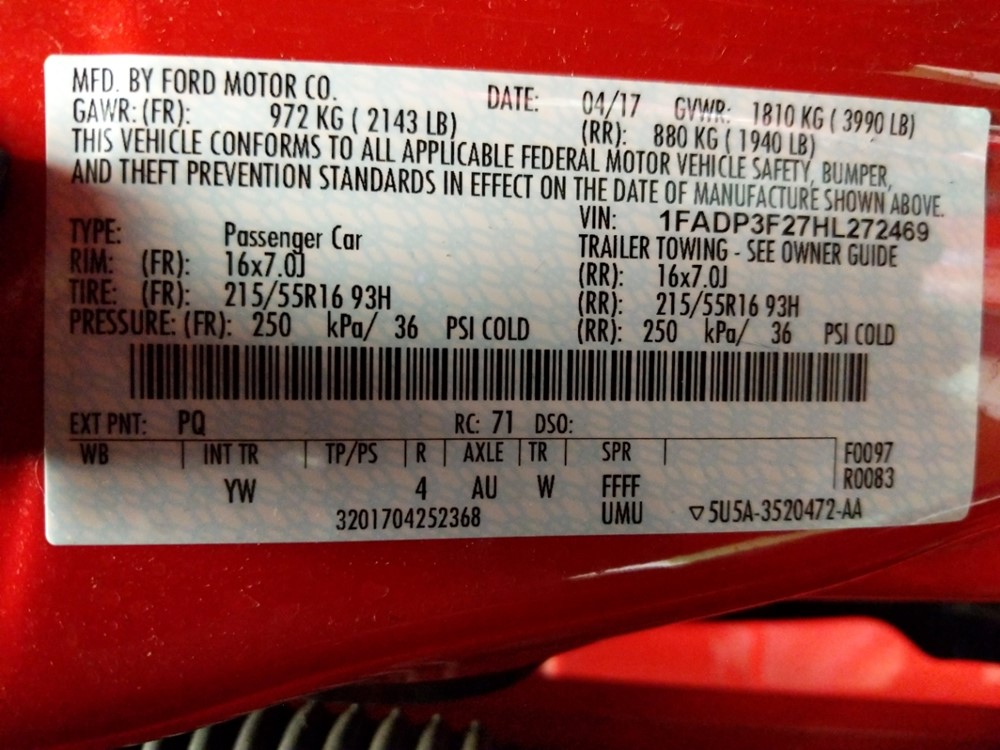 2017 Ford Focus - VIN Plate