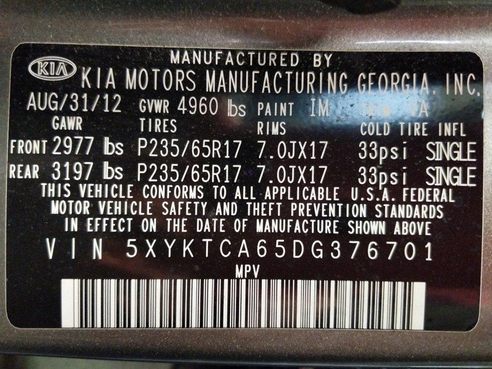 2013 Kia Sorento - VIN Plate