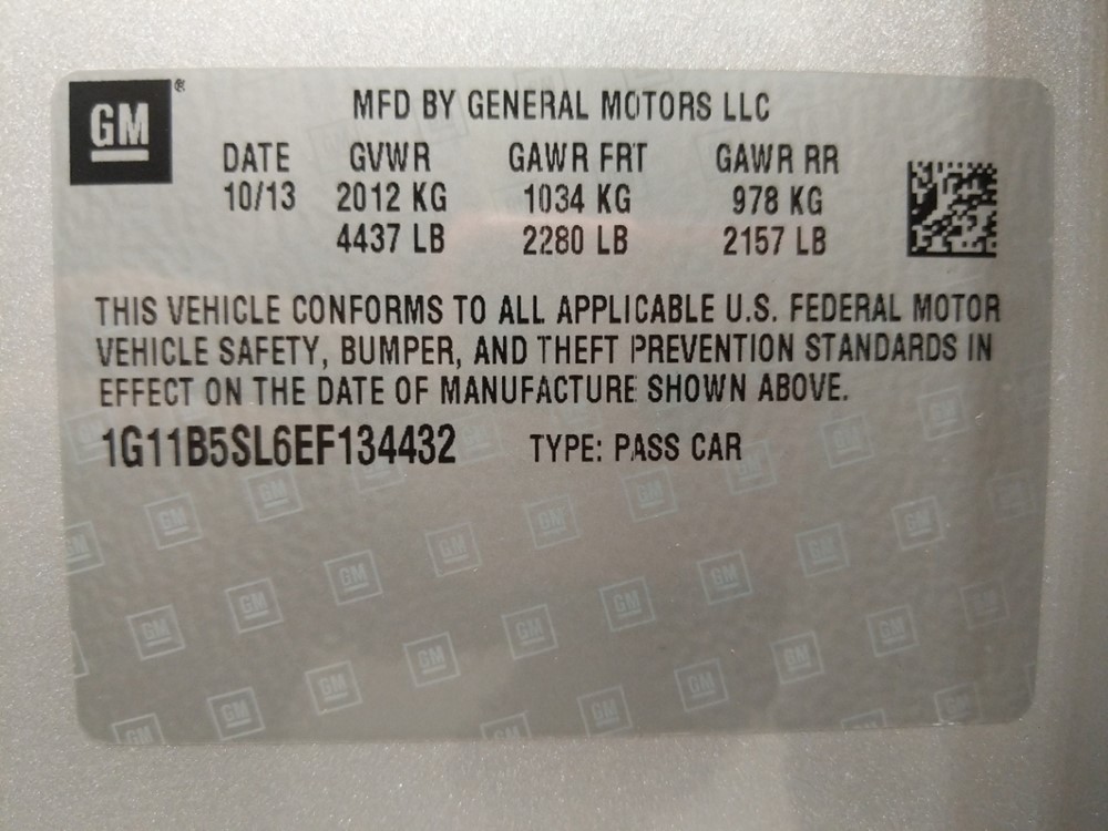 2014 Chevrolet Malibu - VIN Plate