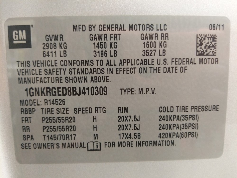 2011 Chevrolet Traverse - VIN Plate
