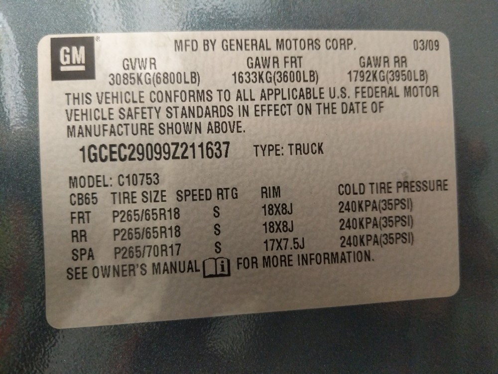 2009 Chevrolet Silverado 1500 - VIN Plate