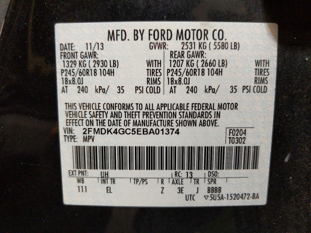 2014 Ford Edge - VIN Plate