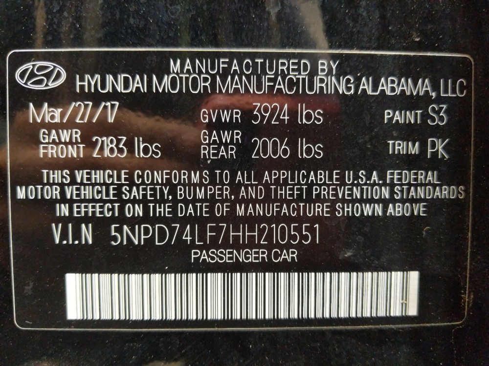2017 Hyundai Elantra - VIN Plate
