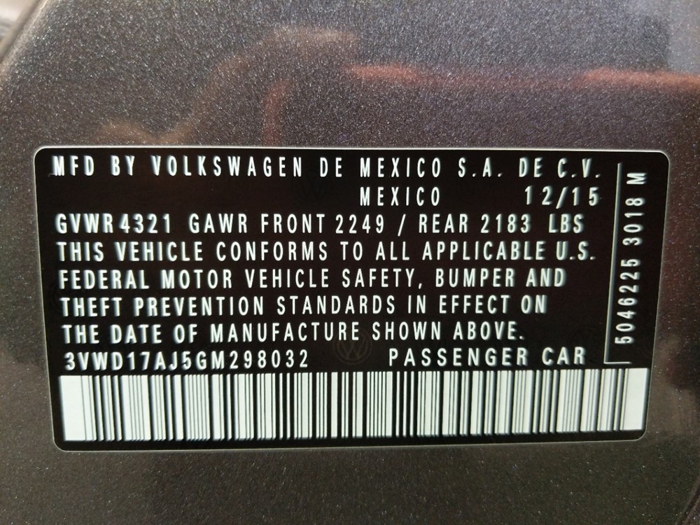2016 Volkswagen Jetta - VIN Plate