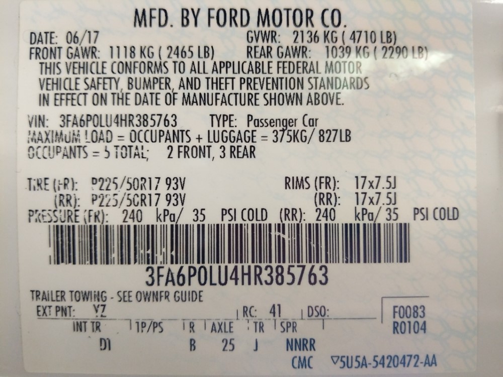 2017 Ford Fusion - VIN Plate