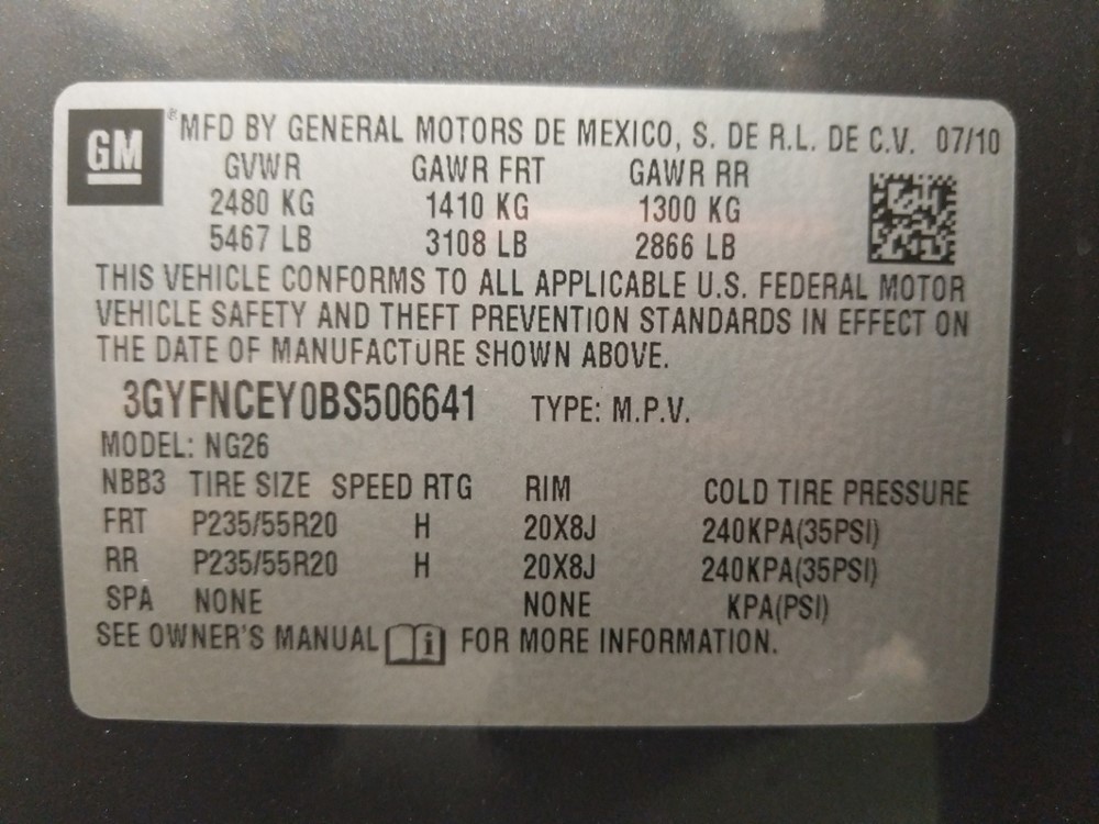 2011 Cadillac SRX - VIN Plate