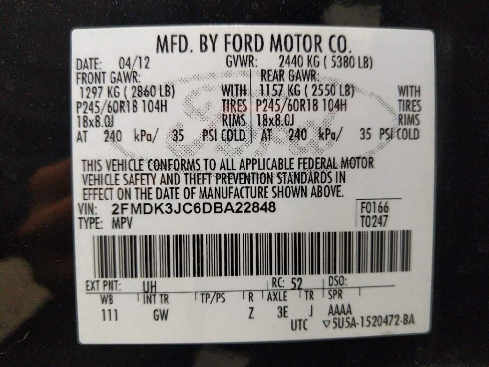 2013 Ford Edge - VIN Plate