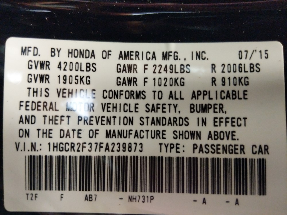 2015 Honda Accord - VIN Plate