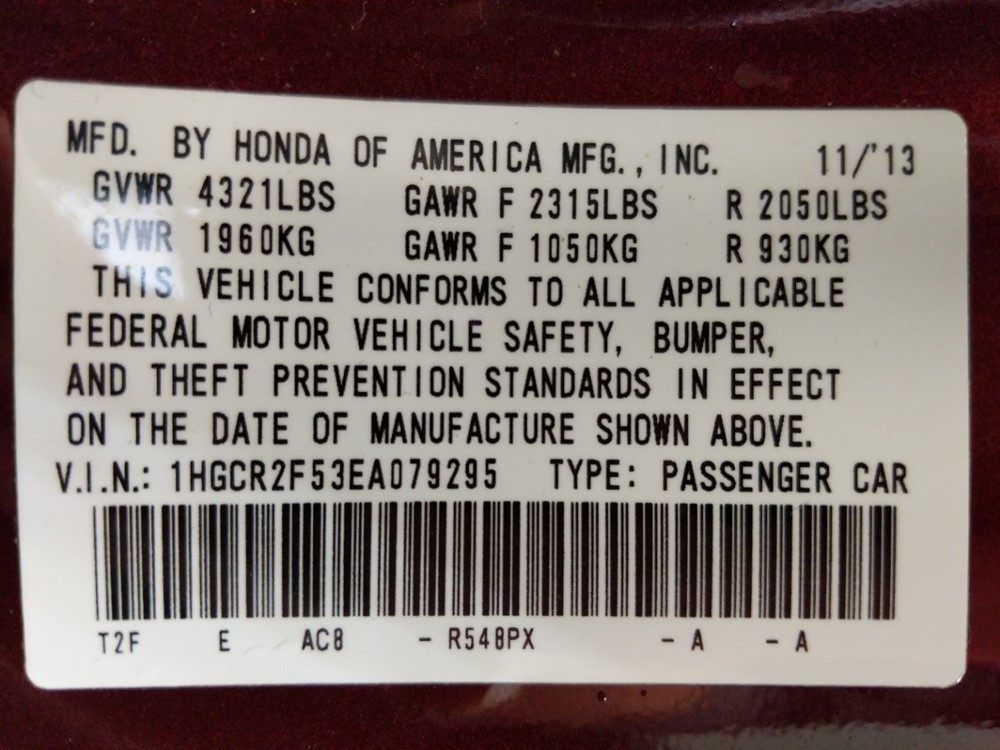 2014 Honda Accord - VIN Plate