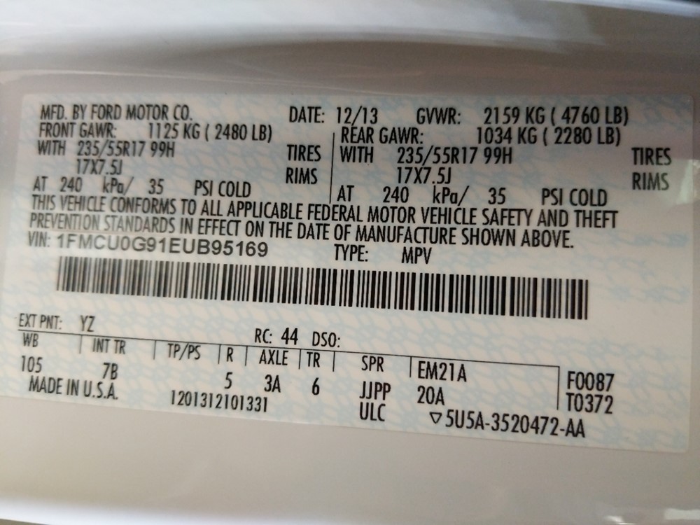 2014 Ford Escape - VIN Plate