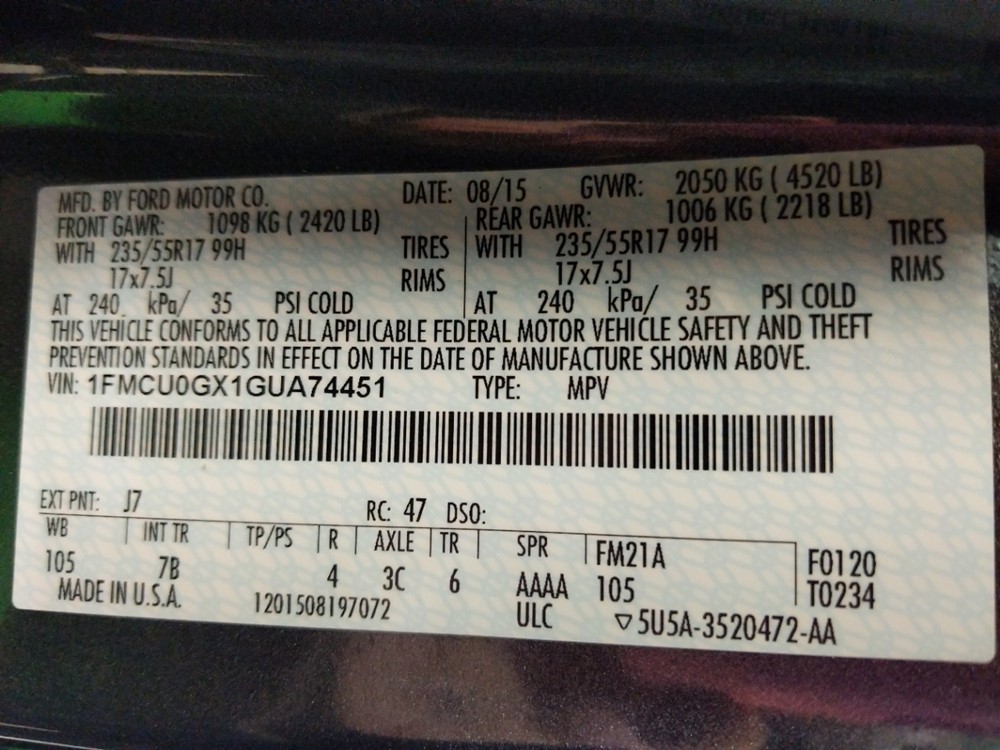2016 Ford Escape - VIN Plate