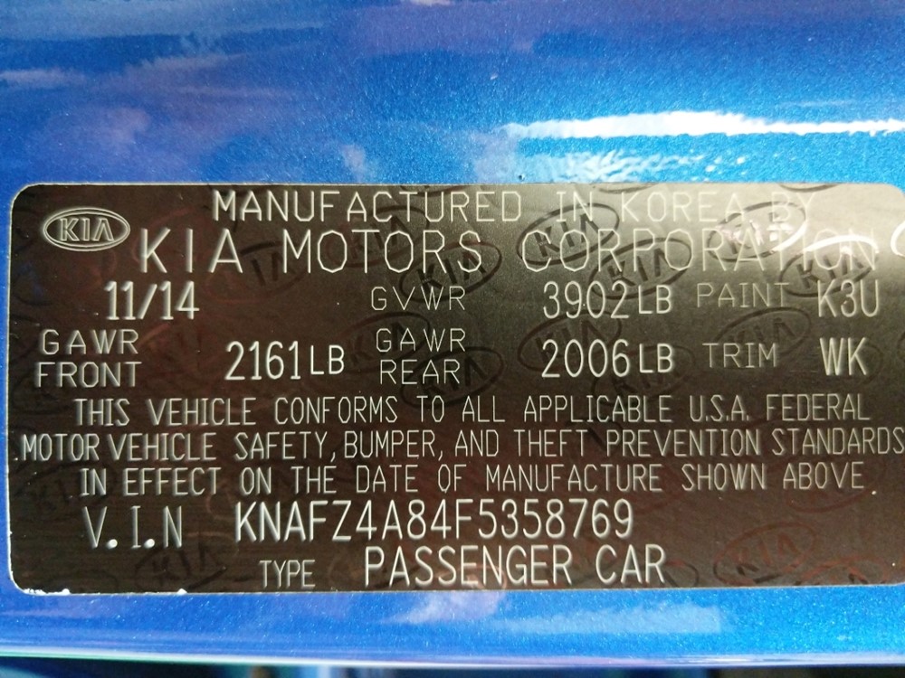 2015 Kia Forte - VIN Plate