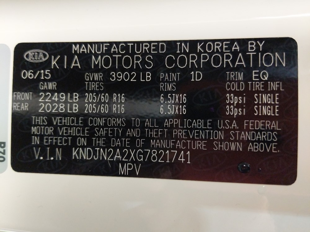 2016 Kia Soul - VIN Plate