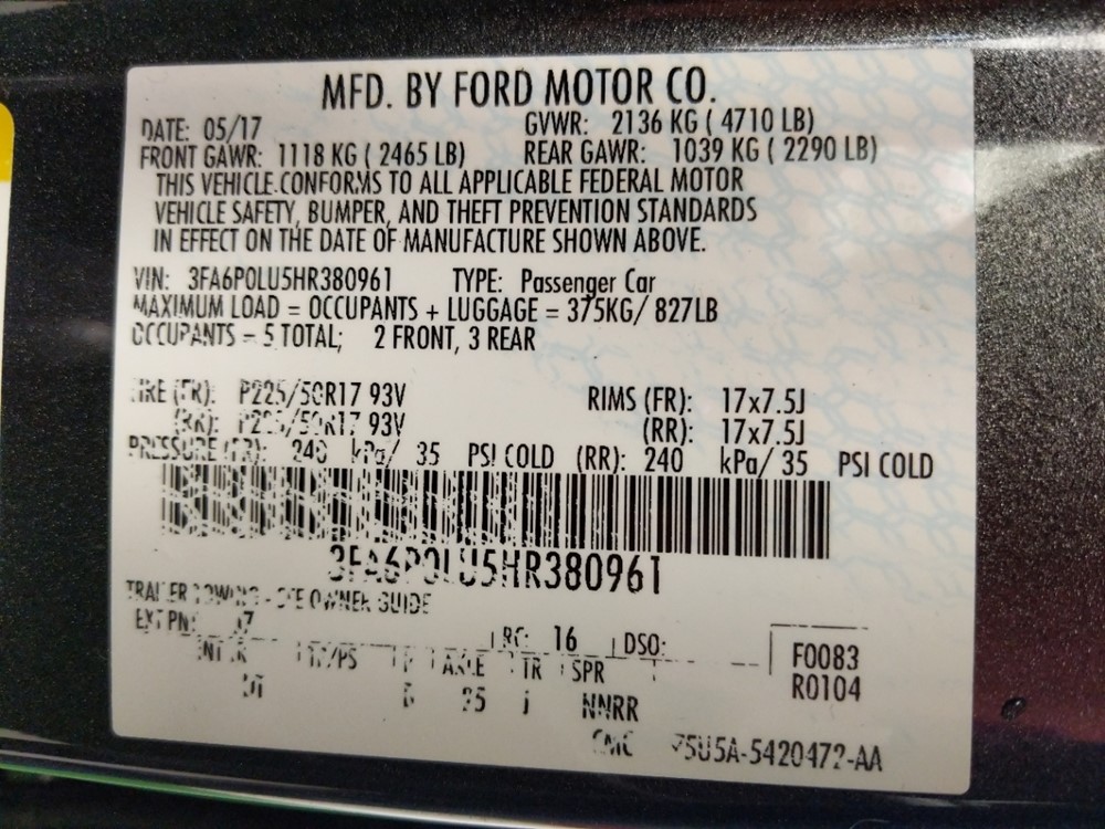 2017 Ford Fusion - VIN Plate
