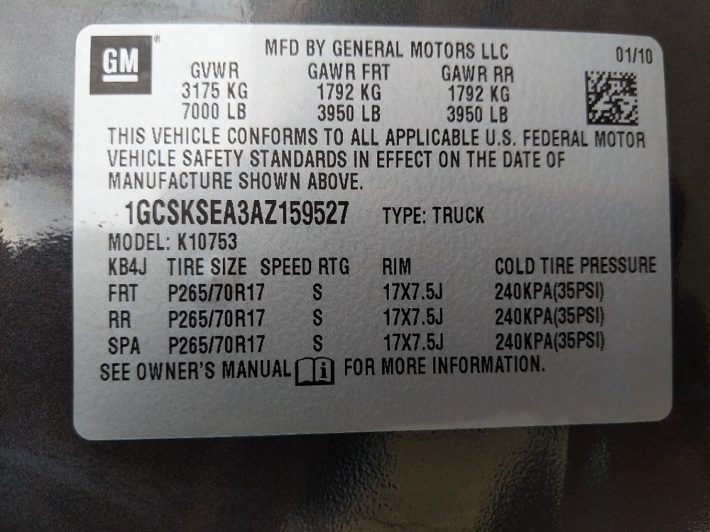 2010 Chevrolet Silverado 1500 - VIN Plate