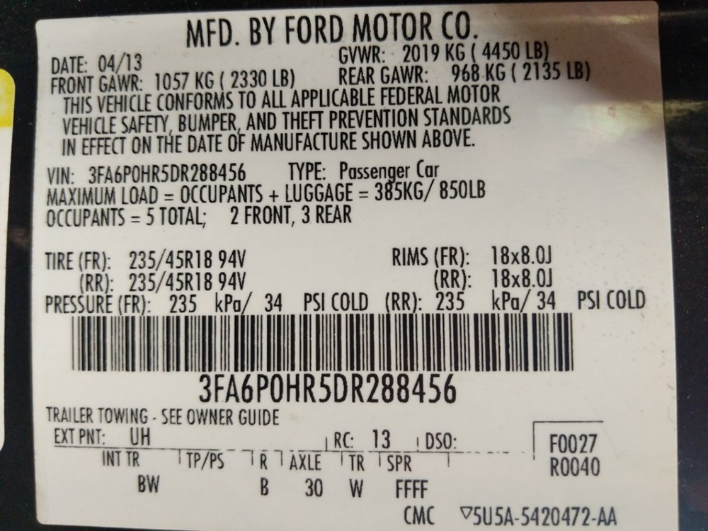 2013 Ford Fusion - VIN Plate