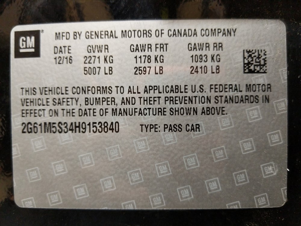 2017 Cadillac XTS - VIN Plate