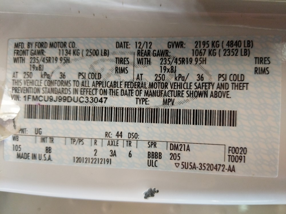 2013 Ford Escape - VIN Plate
