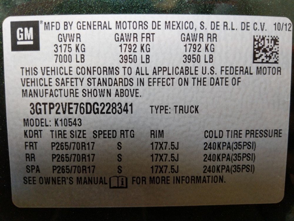 2013 GMC Sierra 1500 - VIN Plate