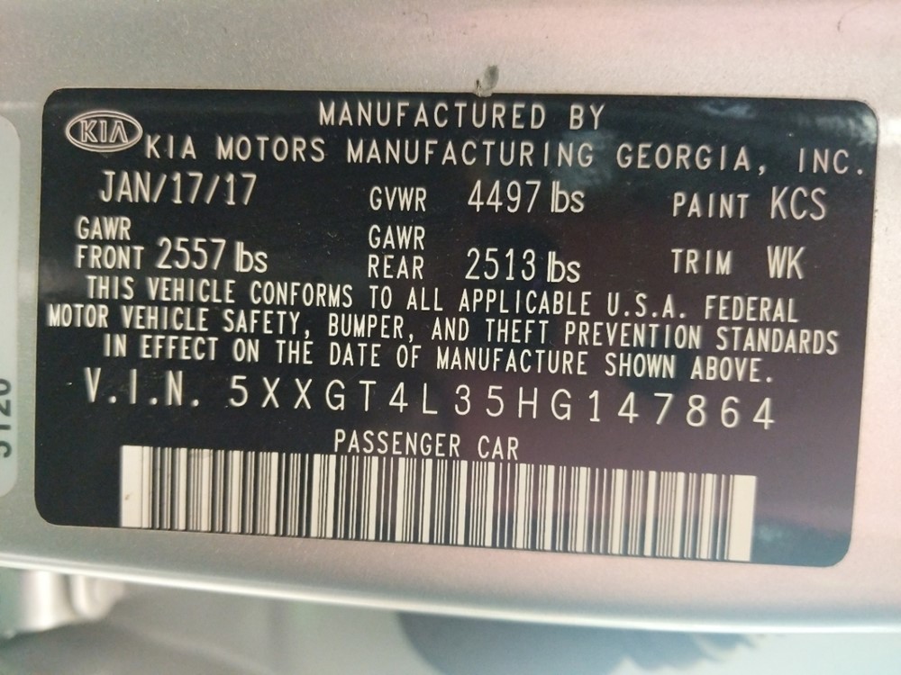 2017 Kia Optima - VIN Plate