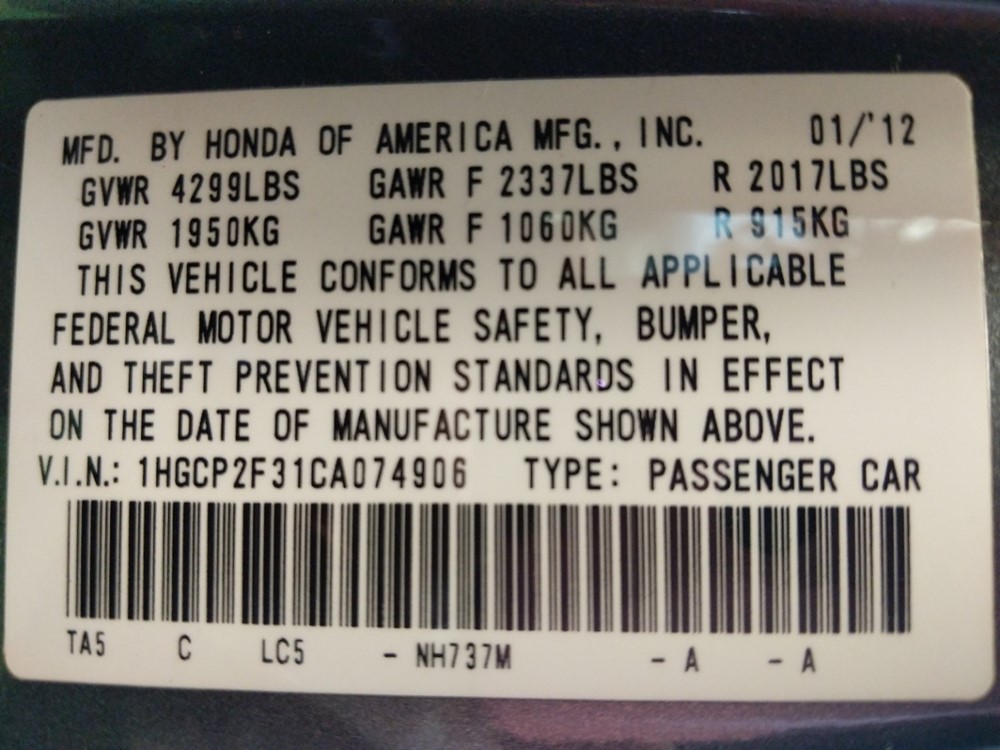 2012 Honda Accord - VIN Plate