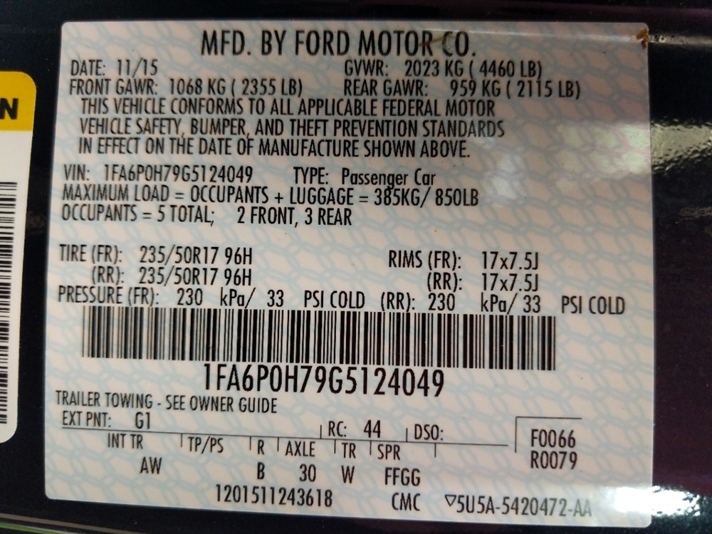 2016 Ford Fusion - VIN Plate
