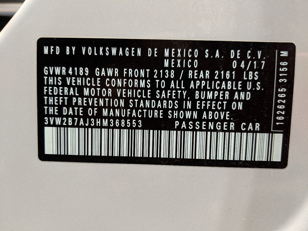 2017 Volkswagen Jetta - VIN Plate