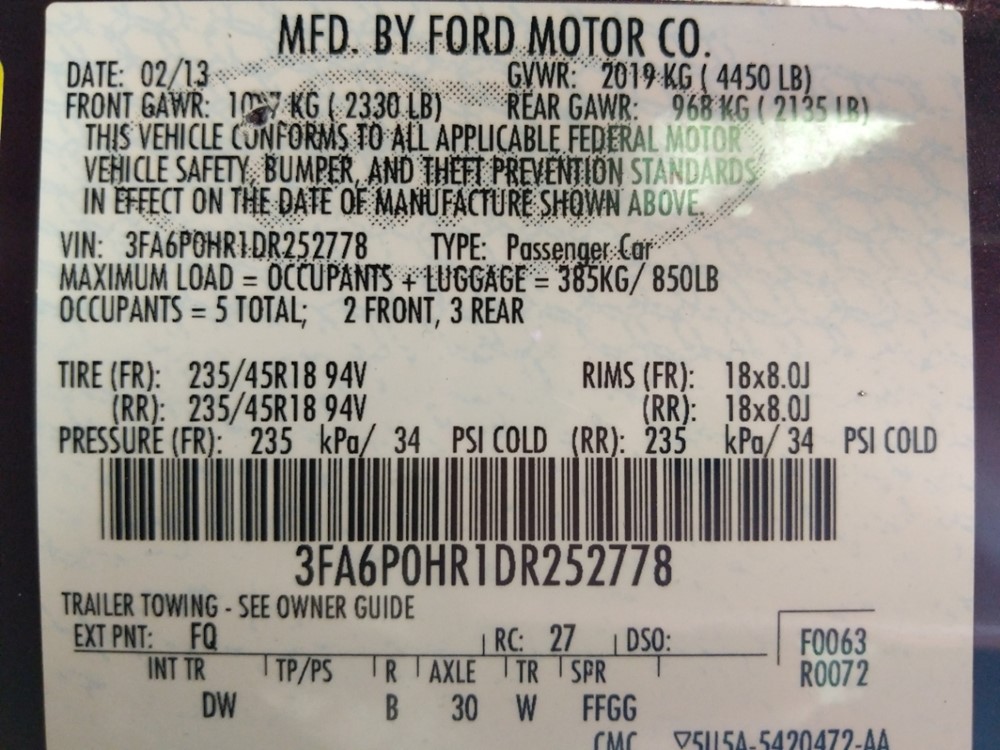 2013 Ford Fusion - VIN Plate