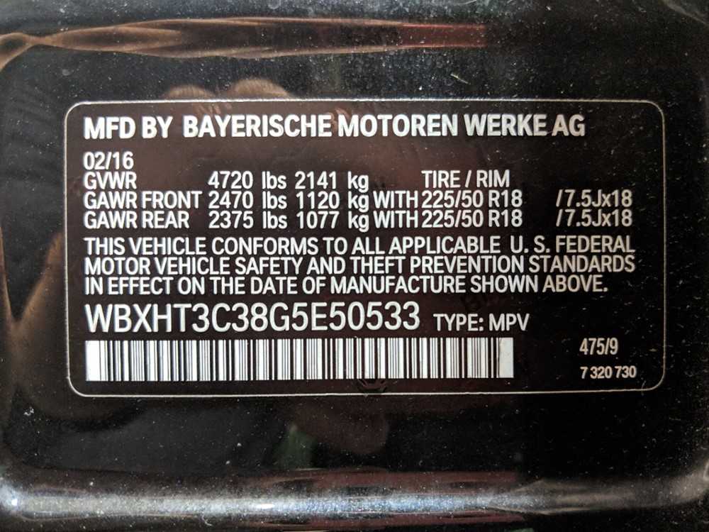 2016 BMW X1 - VIN Plate
