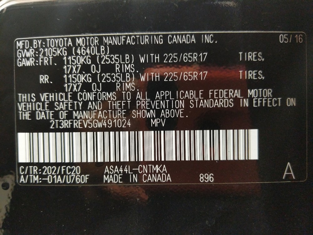 2016 Toyota RAV4 - VIN Plate