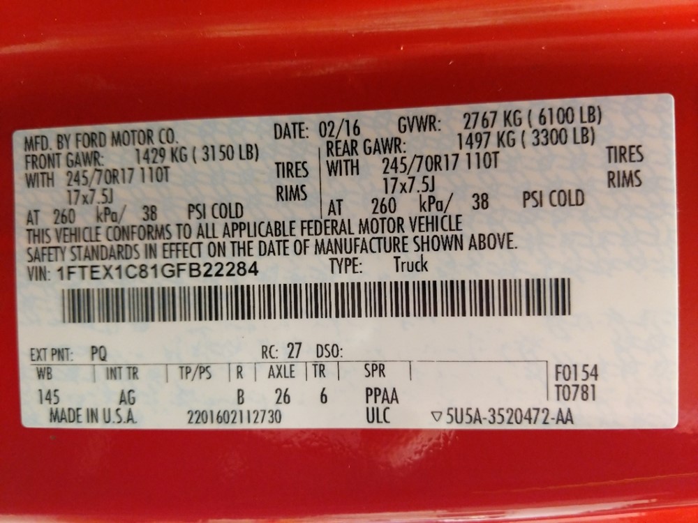 2016 Ford F-150 - VIN Plate