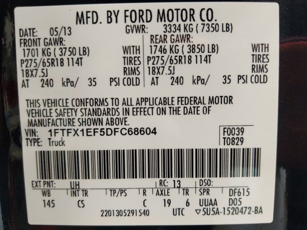 2013 Ford F-150 - VIN Plate