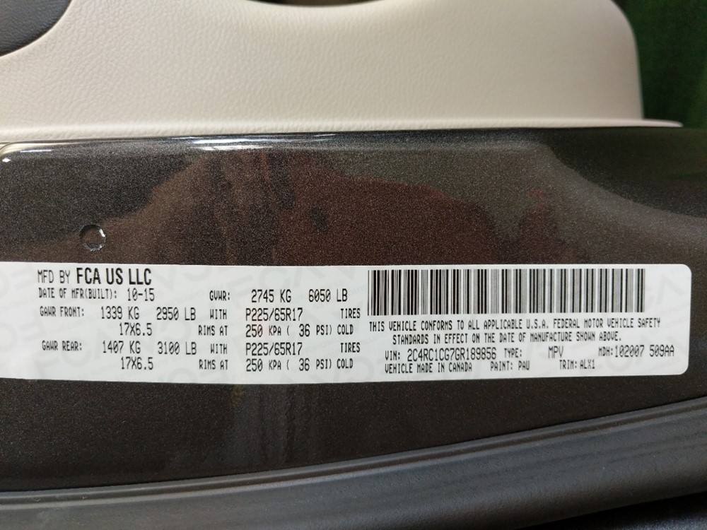 2016 Chrysler Town and Country - VIN Plate