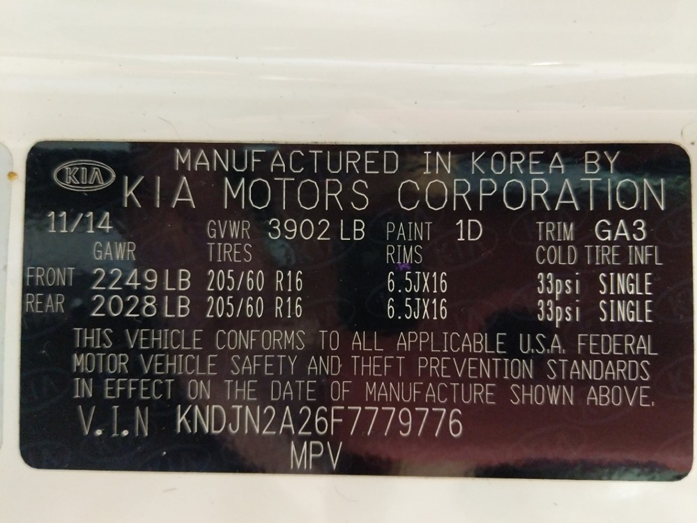 2015 Kia Soul - VIN Plate