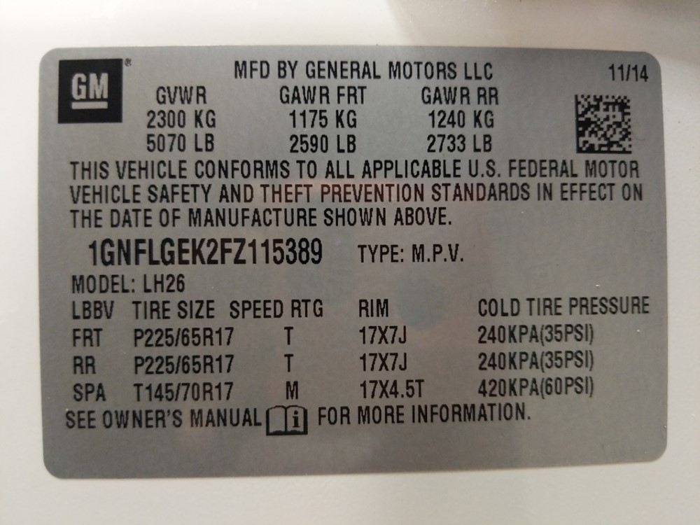 2015 Chevrolet Equinox - VIN Plate
